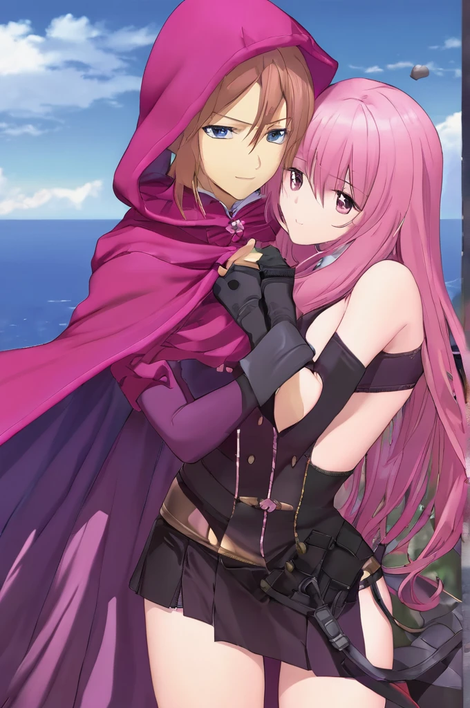 tamaki iroha, hooded cloak,bodystocking,pink miniskirt,gloves,long boots, pink long hair, hugging face, hand on mouth