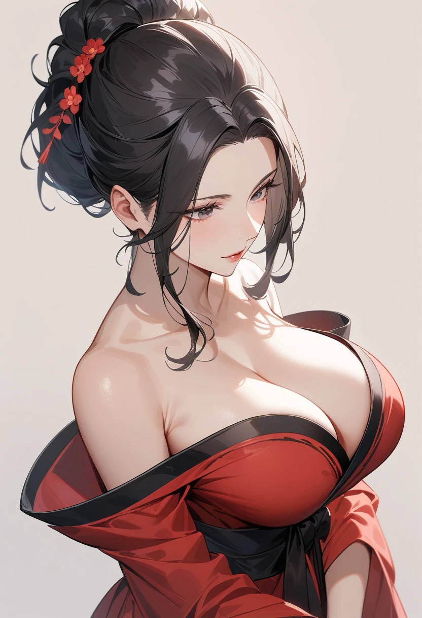 Mature women，Black long hair，Hair up，Red Hanfu，Showing cleavage，Bare shoulders，Extremely detailed，high resolution，Simple background