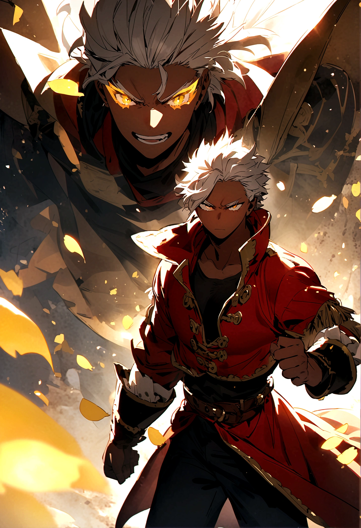 My Hero Academia Capture male with white hair, golden irises, red pirate clothing, dark skin