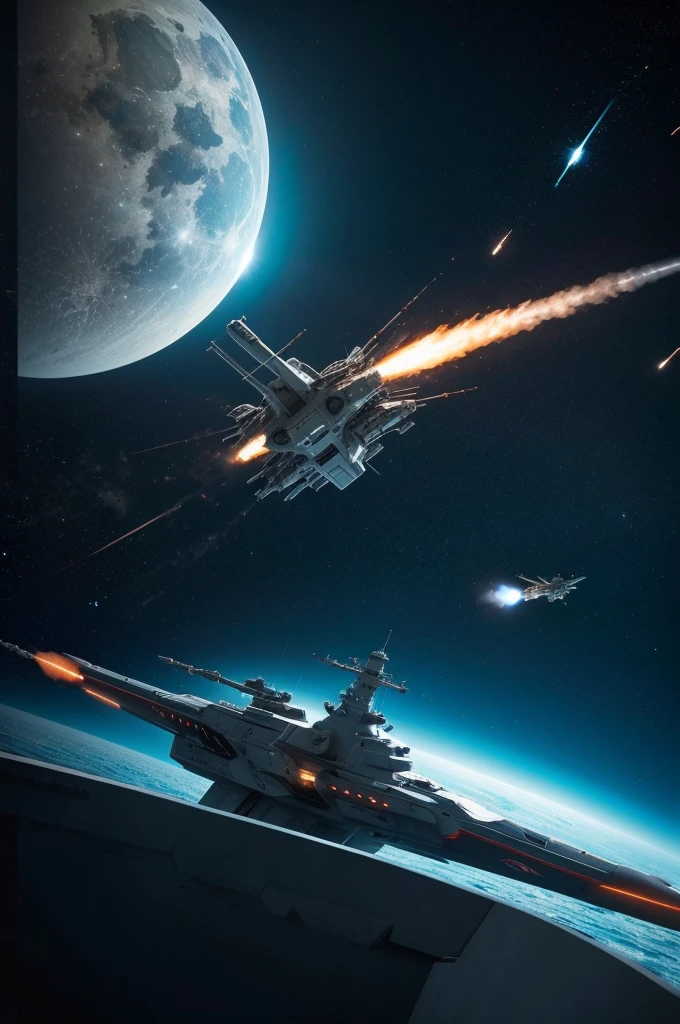 A spaceship battleship firing a broadside with its turrets at distant spaceship that is trailing fire, masterpiece, best, photo realistic space battle