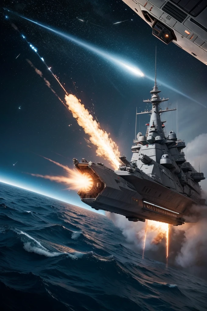 A spaceship battleship firing a broadside with its turrets at distant spaceship that is trailing fire, masterpiece, best, photo realistic space battle