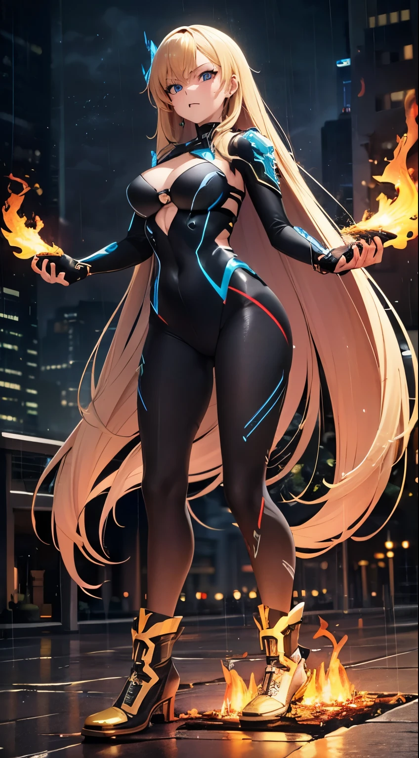 (Dynamic Angle:1.4), ((Full body posing:1.5), (Colorful:1.2), (Highly detailed CG Unity 16K wallpaper:1.1), (Denoising strength: 1.45), (tmasterpiece:1.37), ((Official art)), of the highest quality, (Realistic), Green Cyber Girl, 2 head body,Deformed Character,cute expression, (Super long hair:1.6),voluminous hair,Hair in motion,Golden hair,Glowing eyes,(blue eyess:1.2), wires, (LED:1.3), (a hologram:1.2), ((Flames from the hands:1.5)),((have difficulty with:1.5)),futuristic city street, Neon light, Skyscrapers, (Night:1.2), (Rain:1.2), (Rainbow Model:1.2), 8K resolution, (Anime style:1.3), Cinematic lighting, chromatic abberation, spark of light, Ray tracing, blending, ultra wide-angle, Hasselblad, (masutepiece), (masutepiece), ((Best Quality)), ((masutepiece)), nffsw