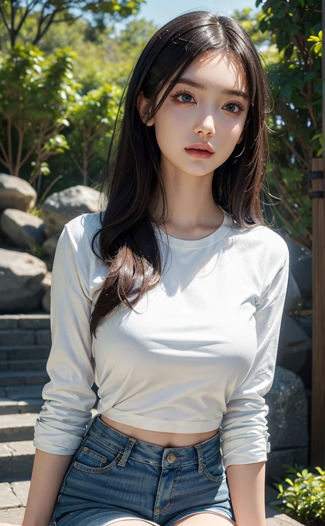 (Best quality, 8k, Masterpiece :1.3), (realistic, photorealistic: 1.37), (1girl), (Pretty woman in her 20s), (slim), (emphasizing slender abs :1.3), (Japanese), (loose white shirt, tight jean shorts that accentuate her big buttocks), (random pose), (wet body), (long hair, random hairstyle), (large breasts :1.3), (outdoors), (Ultra-detailed face), (Detailed eyes), (Double eyelids), (eyeshadow intensifying), (many eyelashes), (long legs), (professional lighting), (photon mapping), (radiosity), (looking directly at viewer)