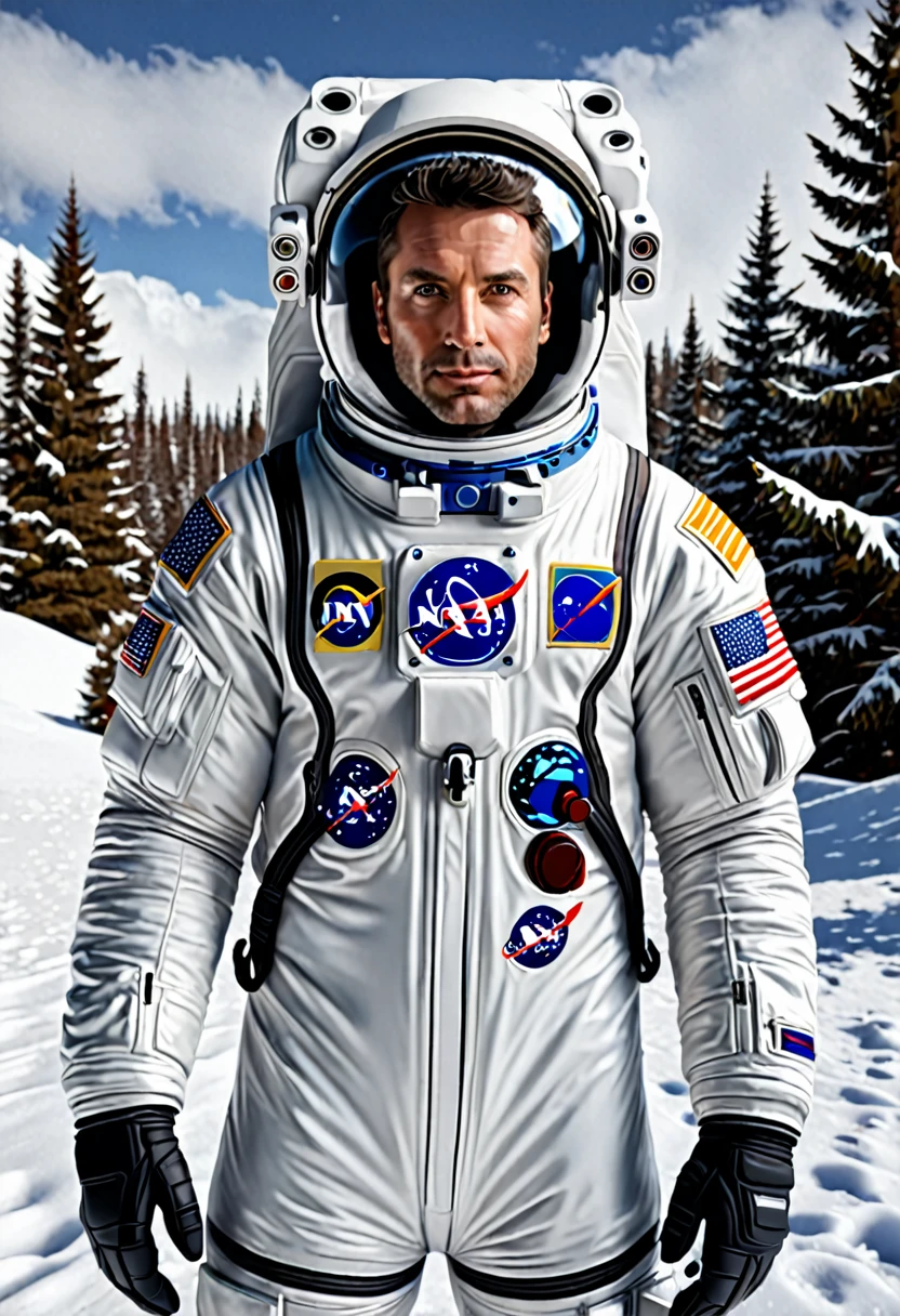 Generate a realistic image of a man dressed in an astronaut suit facing the camera in the snow. 