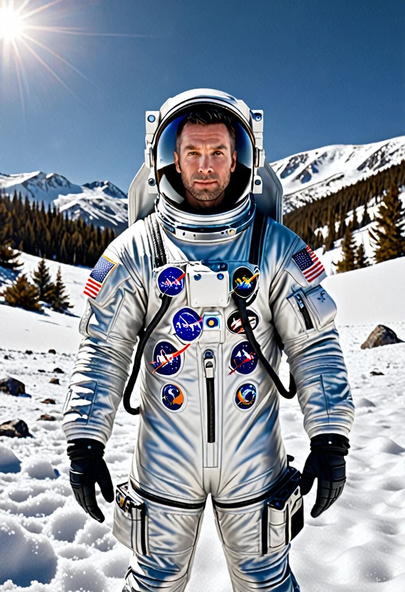 Generate a realistic image of a man dressed in an astronaut suit facing the camera in the snow. 