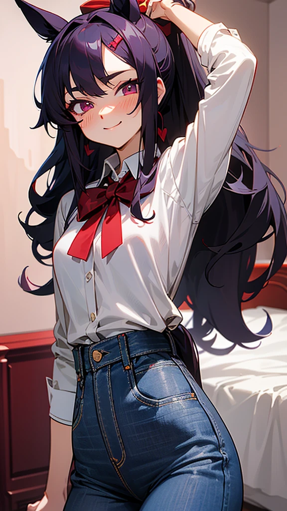 high tail hairstyle, Horse tail, Long wavy black hair, standing posing, anime girl style, pixel art anime style,penetrating look with deep eyes,red and purple eyes, hair with a ponytail hairstyle caught with a red bow, Women, red hair clips, black hat, short white shirt, jeans, smiling face blush, standing in his bedroom, next to his bed