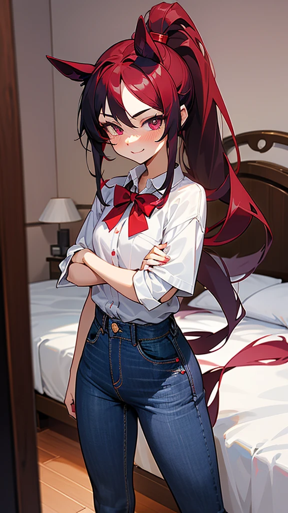 high tail hairstyle, Horse tail, Long wavy black hair, standing posing, anime girl style, pixel art anime style,penetrating look with deep eyes,red and purple eyes, hair with a ponytail hairstyle caught with a red bow, Women, red hair clips, black hat, short white shirt, jeans, smiling face blush, standing in his bedroom, next to his bed