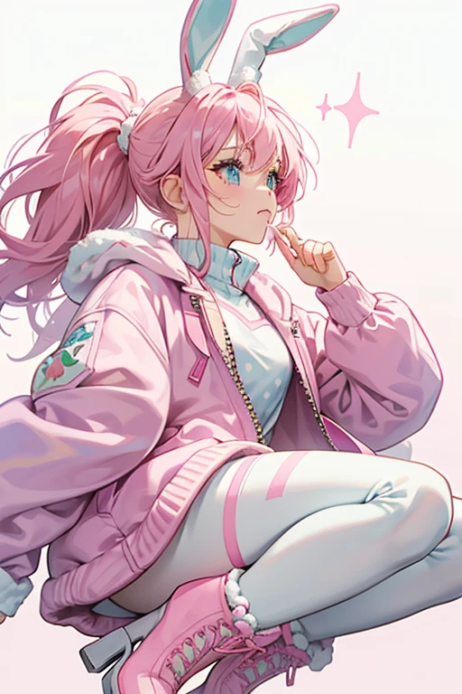 Snow Bunny has pink hair in a pony tail, she is wearing bunny ears, she is also wearing a comfy pink puffy coat and white tights with polka dots on them along with comfy pink boots. SPARKLE; GLITTER