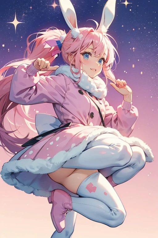Snow Bunny has pink hair in a pony tail, she is wearing bunny ears, she is also wearing a comfy pink puffy coat and white tights with polka dots on them along with comfy pink boots. SPARKLE; GLITTER