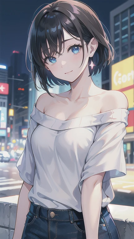 Non-NSFW、Realistic、Highest quality、Highest quality、masterpiece、Ultra-high resolution、RAW Photos、Realistic、Bright lighting、Face Light、Smooth Professional Lighting、Looking into the camera、alone、Adult female、Beautiful woman、Super Beauty、Realistic肌、Moisturized Skin、Realistic eyes and faces、Perfect model body shape、Beautiful Eyes、Big eyes、Inconspicuous tear bags、slim、Medium sized big breasts、No bra、Beautiful fingers、Very short hair、Jet Black Hair、Iris、Looks happy、(Both ears are hidden by hair), (Off-the-shoulder knit shirt:1.6), (Skin-colored knitted clothing:1.2)、No shoulder straps、Fantasy World、In the city、Sexy Costumes, Small Ass, (Large Breasts:1.1),(Venus' Nipples:1.2), A konigsreuter,(from behind:1.6)