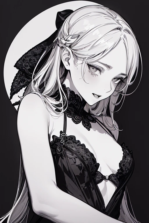 Highest quality, (Background details), High Contrast, Very beautiful girl, Small breasts、Detailed original illustrations、Brat、Provocative eyes、laugh at、Provocative、functional、Delicate face、Charm、sexy、Real breasts、Head close-up, Black background, (Black background: 1.5), Beautiful line art、Monochrome