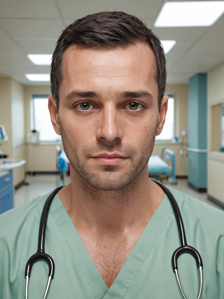 Make the image more realistic, the background is a hospital ward. Make your face look like a man's, ten mens, well defined face, well defined jawline, White hair and beard, with glasses