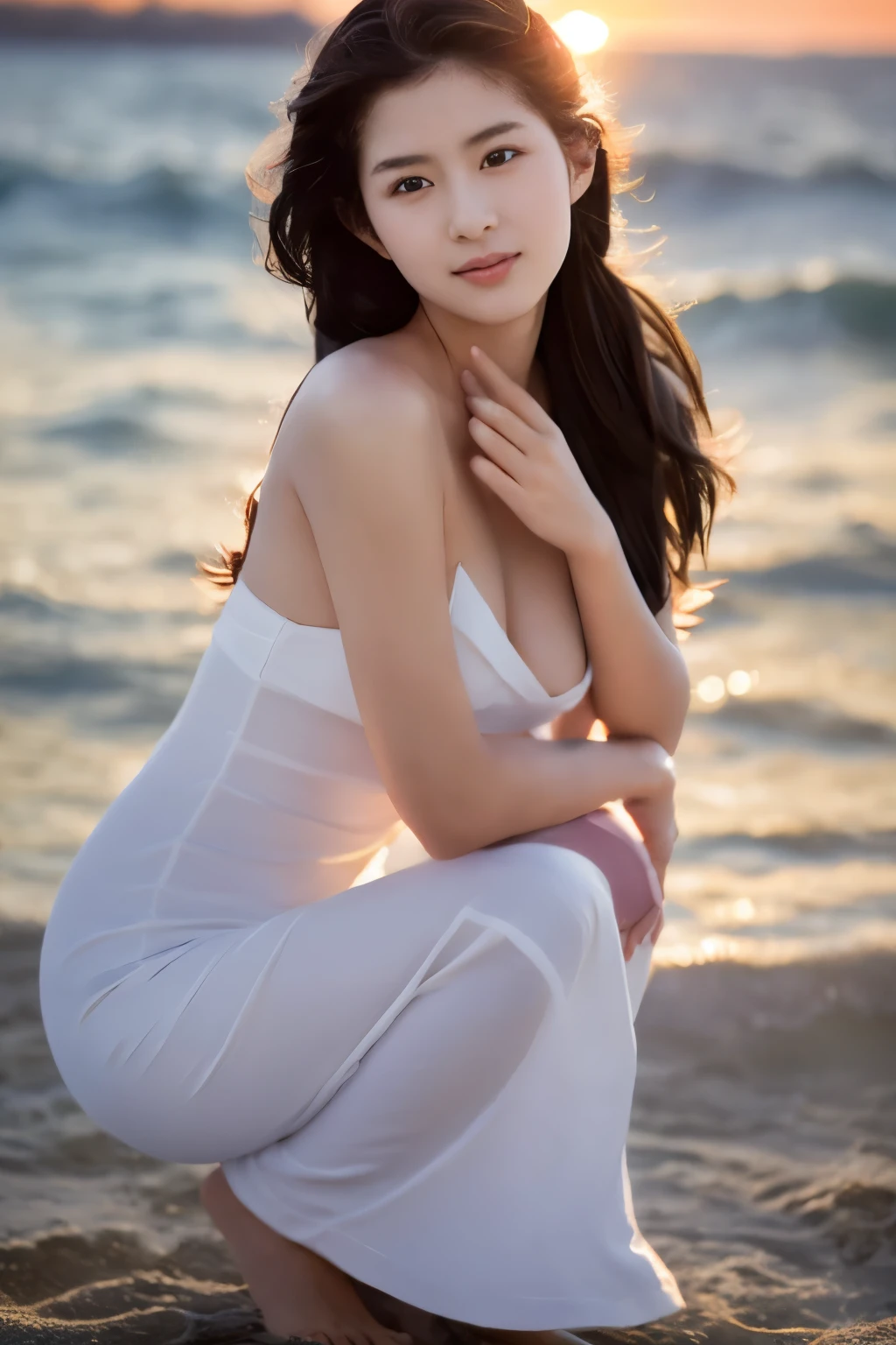 Ultra-detailed 8K photos of Japanese gravure models,Shoulder-length wavy hair and striking hazel eyes. She strikes a seductive pose on a tropical beach, dress chicly, Vest, mini skirt, The afterglow of the setting sun casts a warm light on her, when she naughtily, Looking at the camera, Surrounded by peaceful and beautiful ocean and palm trees