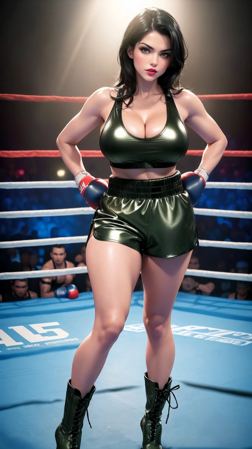 ((Curvy Denise Milani)) (Big bright green eyes) ((bright red lipstick)) ((stylish jet-black hair)) ((huge firm breasts)) ((deep cleavage)), ((thicc thick thighs:1.1)) ((thick calves:1.3)) ((wearing olive green leather boxing shorts:1.5)) ((fishnet stockings)) ((short stiletto-heeled combat boots)) ((wrestling ring entrance, inside crowded stadium)), ((high definition:1.5), ((low intencity lights)) ((masterpiece:1.5)) ((16k:1.5)) ((Best quality:1.4)), (full body portrait), boxing shorts, sexy boxing shorts, glossy boxing shorts,