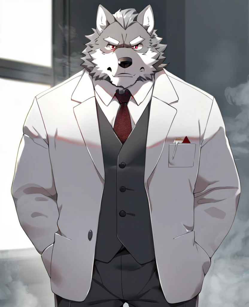 Wolf,personification,Mature male,Strong Man,Gray hair,naked,Disdainful expression,Red pupil,White eyebrows,Sharp teeth,White suit suit,Hands in pockets,The Age of Steam,Hospital Office。