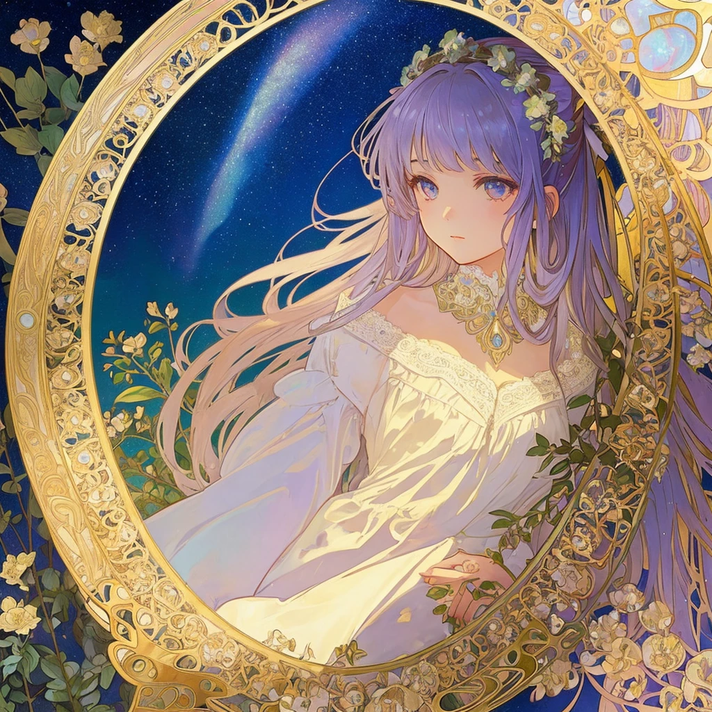 (((1 girl ))), masterpiece, highest quality, beautifully、aesthetic: 1.2, gem, Quality lace, Detailed frame, Flowers, leaf, A beautiful girl fits into the frame, (Alphonse Mucha Style), (beautiful starry sky background),  light colorful hair, dreamy, wearing Gothic Lolita