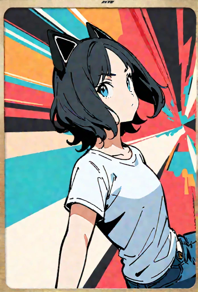(Thick painting style),Thick line drawing, ((masterpiece,)),(((Highest quality))),sketch,((Adult women in their 20s)),Short black hair,Black cat ears,A plain white T-shirt,jeans,((Face from side,Character Portrait,Full Art,Dynamic pose,whole body)),flat chest