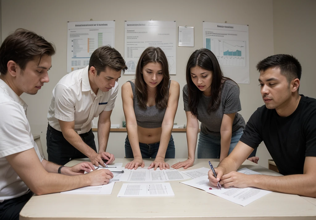 create the image of a table with various papers and graphs and several professional men and women around this table, discussing the creation of a new project for a company