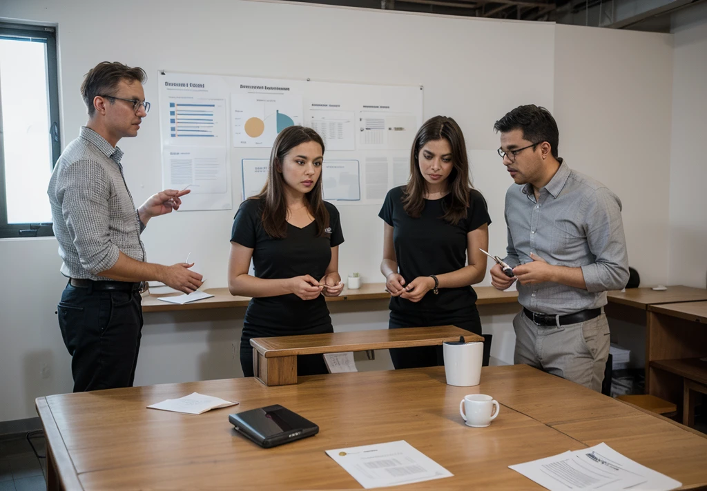 create the image of a table with various papers and graphs and several professional men and women around this table, discussing the creation of a new project for a company