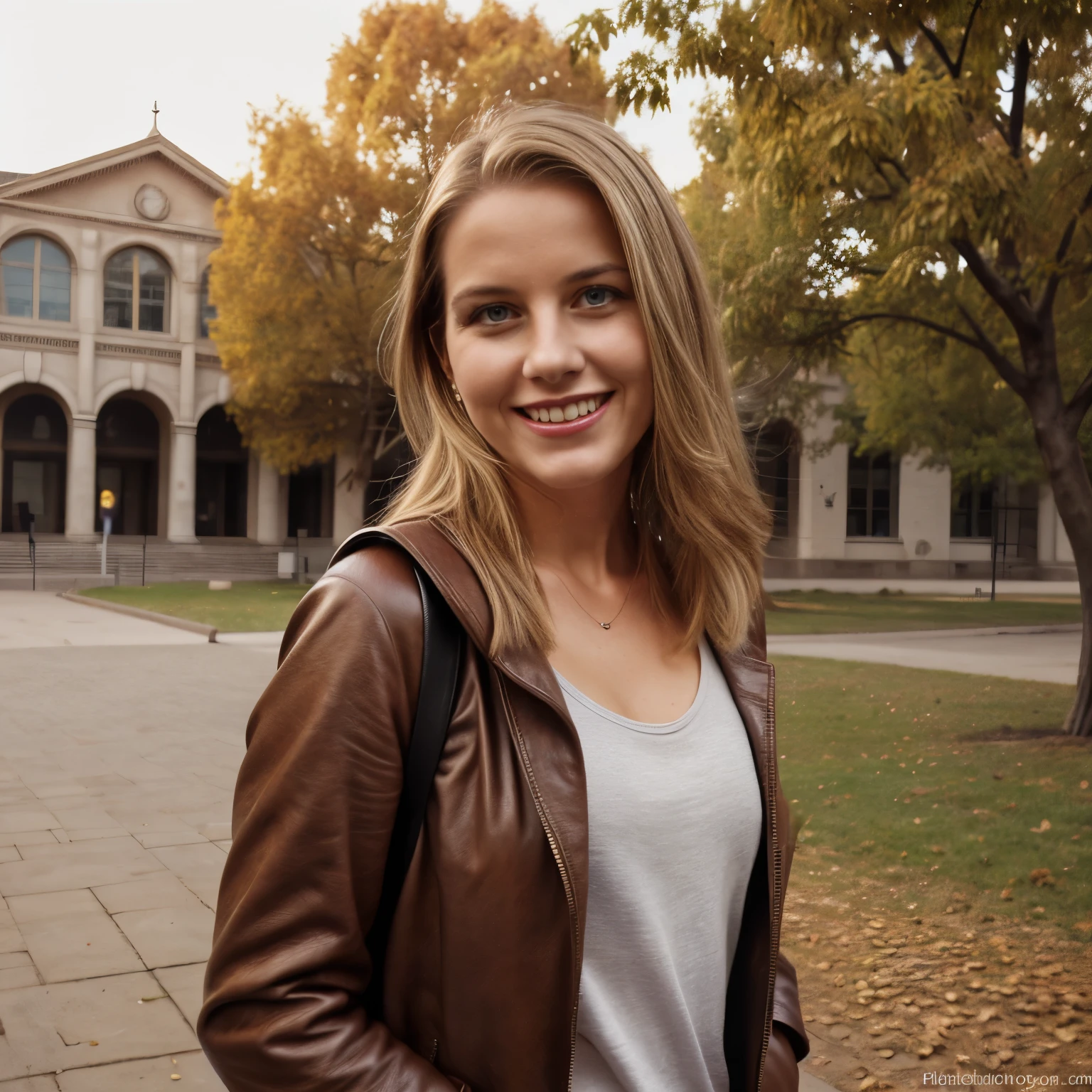 photo realistic portrait of a beautiful 27 years old mature woman LaGermania with blonde hair and blue eyes, cute and innocent. Clothed with classy brown autumn leather jacker and wearing a backpack in front of an old looking University of California in the background. laughing and not looking at the camera