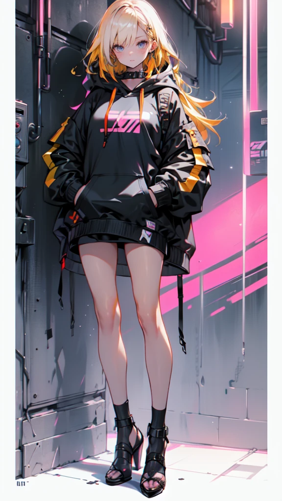 A girl with long yellow hair., Blue eyes, wearing an orange hoodie and black heels, in a cyberpunk environment with your hand in your pocket, Pink background