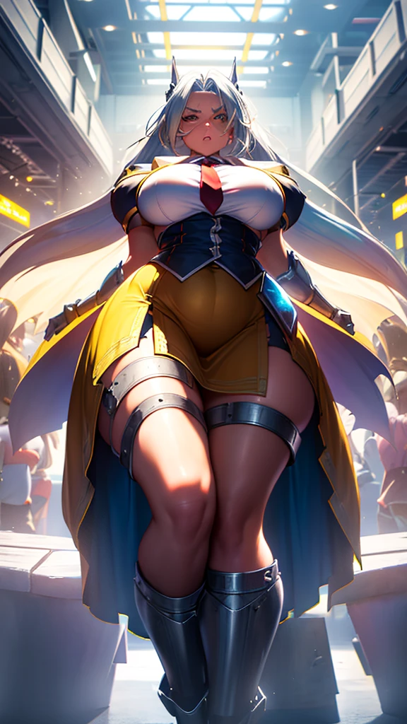 (high detailed)) 27 yo's woman, metalic blue hair, metalic yellow student's clothes,big And round breasts, gorgeous thicc plump body,angry expression,furious eyes, metalic yellow student's outfit,Very long skirt, dynamic pose, action position, perfect anatomy