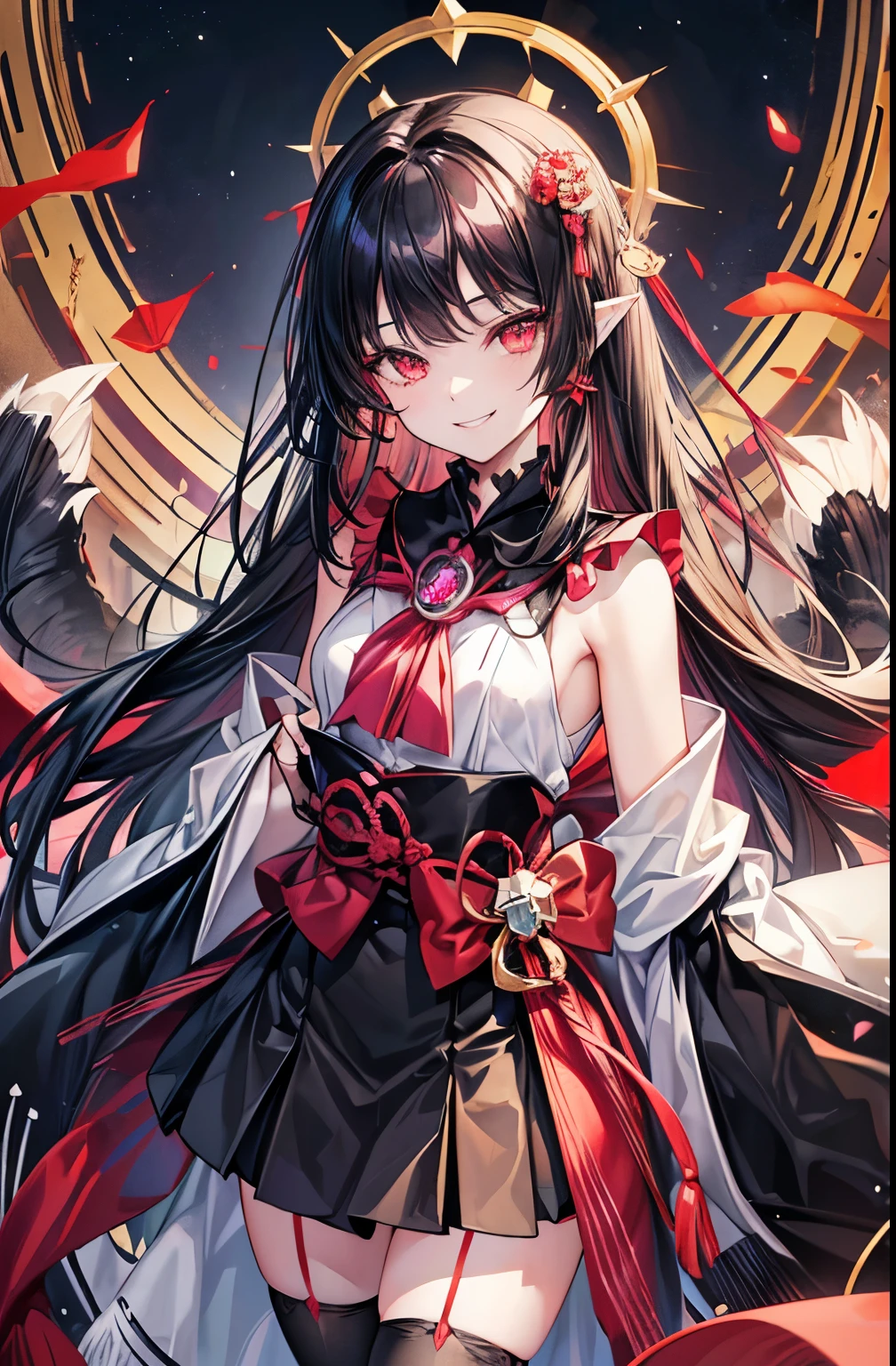 [(Detailed Background:1.4)::5],original,(figure:1.1),(Highest quality),(Tabletop:1.1),(Highly detailed CG Unity 8k wallpaper:1.1), (colorful:0.9),(Mid Shot:0.95),(very detailed beautiful whole body),Dynamic Angle,(alone:1.2), (girl),(((Adult))), (Beautiful eyes in every detail:1.15), (Beautiful Face:1.15), (Glowing red eyes:1.25////),(Black Hair),Pale skin，Pink Eyes，Red Bow，Amaryllis，((Wicked Smile))，crystal earrings in the ears，raven feather skirt,whole body,Wearing shrine maiden stockings,((Long black hair)),Long black hair,
