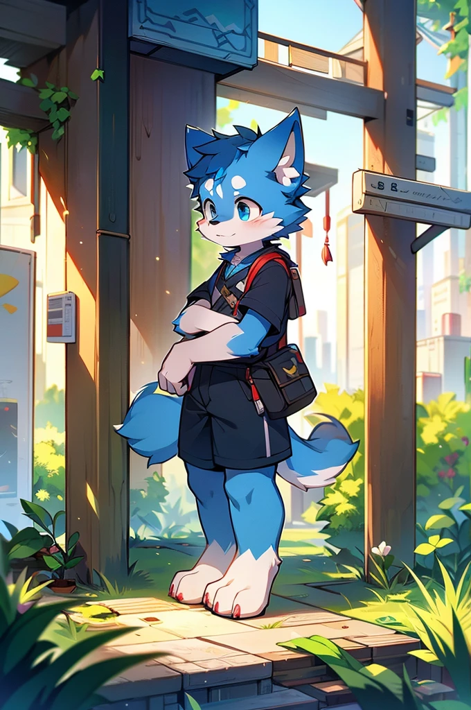 Blue fur, Canine, fox motif, boy, uniform,expensive,One person,Stand up on your own feet,expensive,Cityscape,expensive,collapsed,