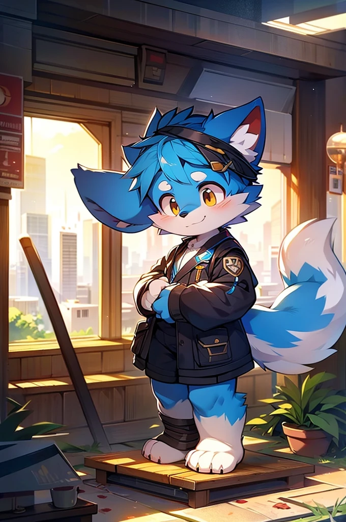 Blue fur, Canine, fox motif, boy, uniform,expensive,One person,Stand up on your own feet,expensive,Cityscape,expensive,collapsed,