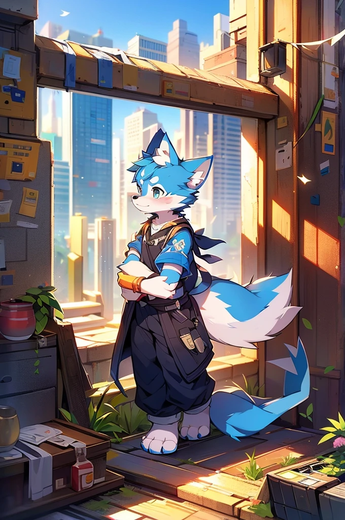 Blue fur, Canine, fox motif, boy, uniform,expensive,One person,Stand up on your own feet,expensive,Cityscape,expensive,collapsed,