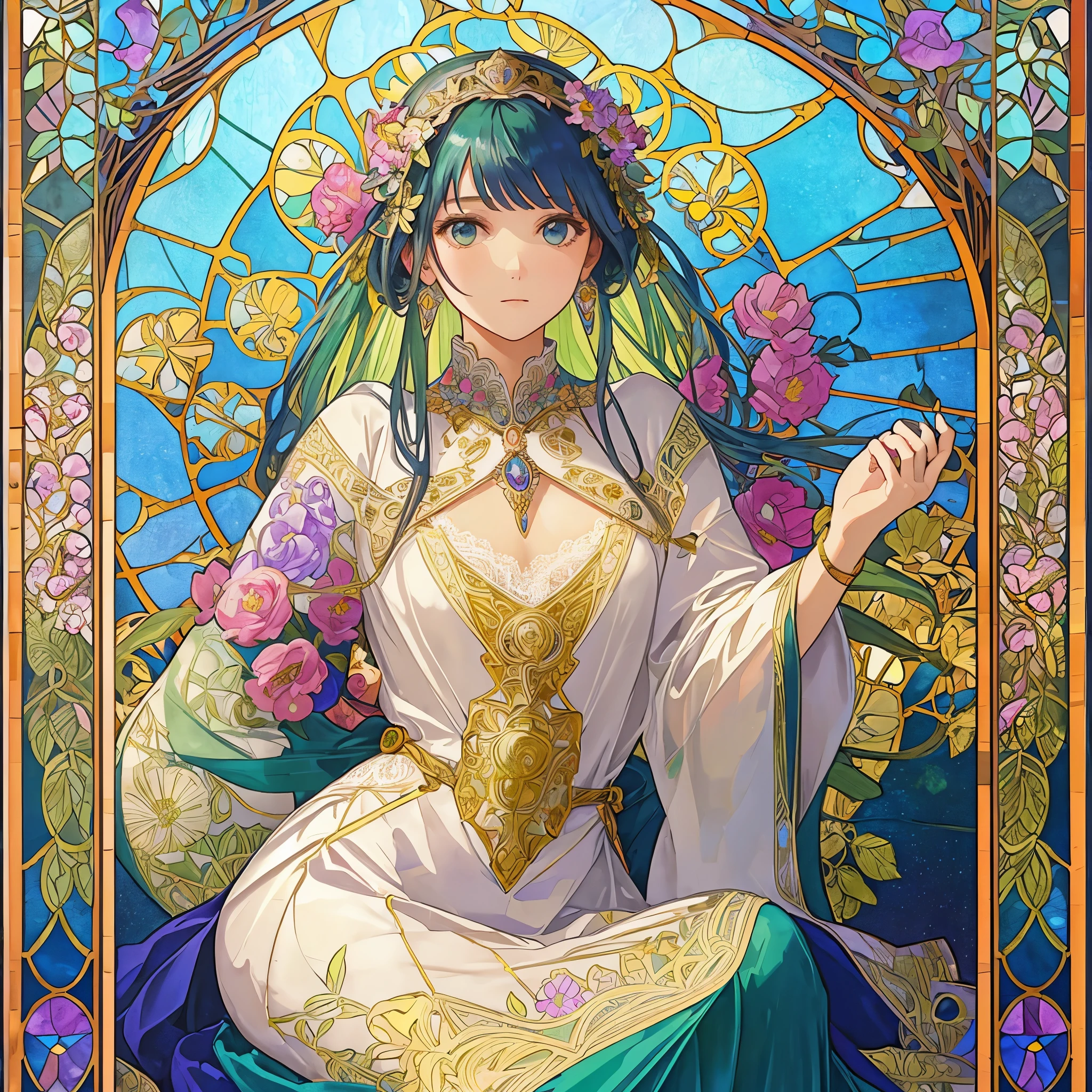 (((1 girl ))), masterpiece, highest quality, beautifully、aesthetic: 1.2, gem, Quality lace, Detailed frame, Flowers, leaf, A beautiful girl fits into the frame, Alphonse Mucha Style, Transparent and beautiful stained glass background, rainbow colorful hair, Jewelry, hair ornaments, platinum