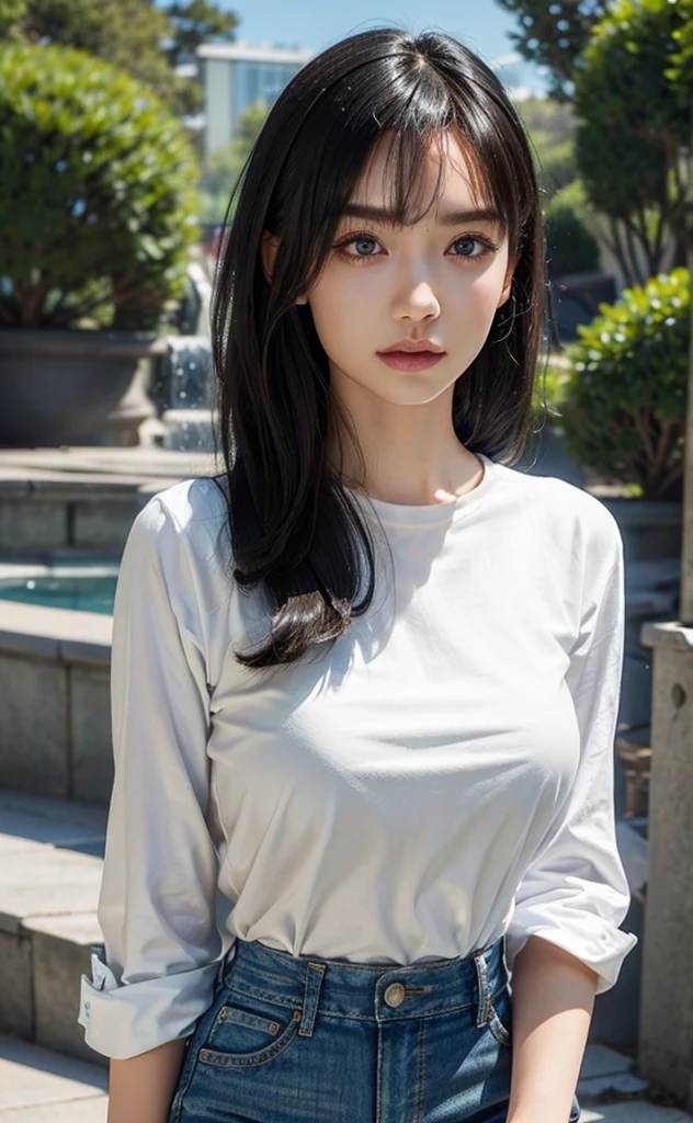 (Best quality, 8k, Masterpiece :1.3), (realistic, photorealistic: 1.37), (1girl), (Pretty woman in her 20s), (slim), (emphasizing slender abs :1.3), (Japanese), (loose white shirt, tight jean shorts that accentuate her big buttocks), (random pose), (wet body), (long hair, random hairstyle), (large breasts :1.3), (outdoors), (Ultra-detailed face), (Detailed eyes), (Double eyelids), (eyeshadow intensifying), (many eyelashes), (long legs), (professional lighting), (photon mapping), (radiosity), (looking directly at viewer)