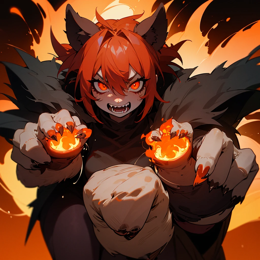beast, licking it's paws covered in blood, looking menacingly at camera with orange eyes, fire on background, humanoid, fangs