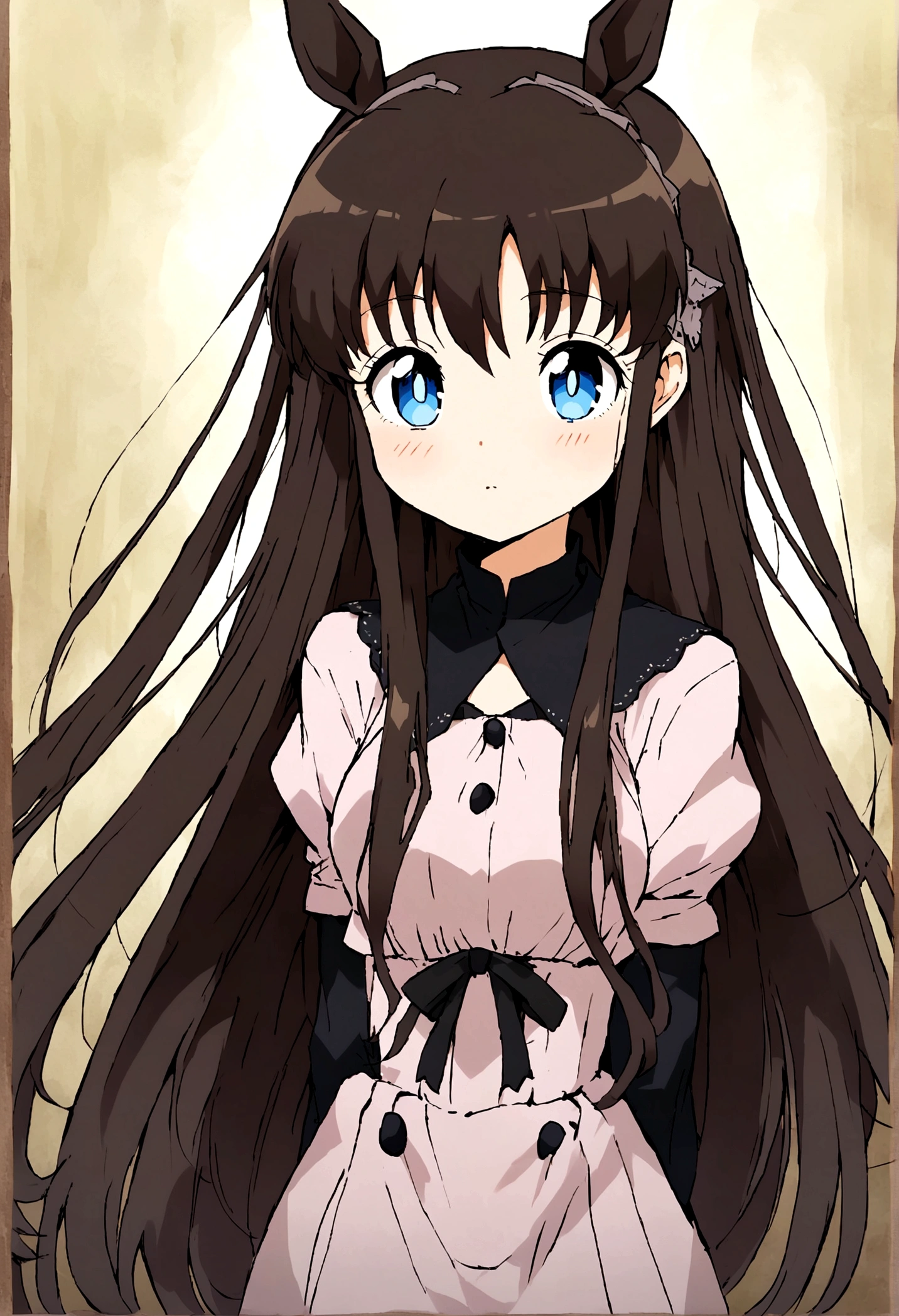 Anime girl with dark hair and blue eyes, Anime Moe Art Style, Gothic maiden anime girl, Gap Moe Yandere Grim Dark, Basic trench coat Ghostly eyes and dark hair, 1 7 - Year Old Anime Girl, ufotable's art style, by Hitoshi Homura, Fate-like anime style/Stay Night, Long Hair Anime Girl Light blue eyes Horse ears Horse Girl One person