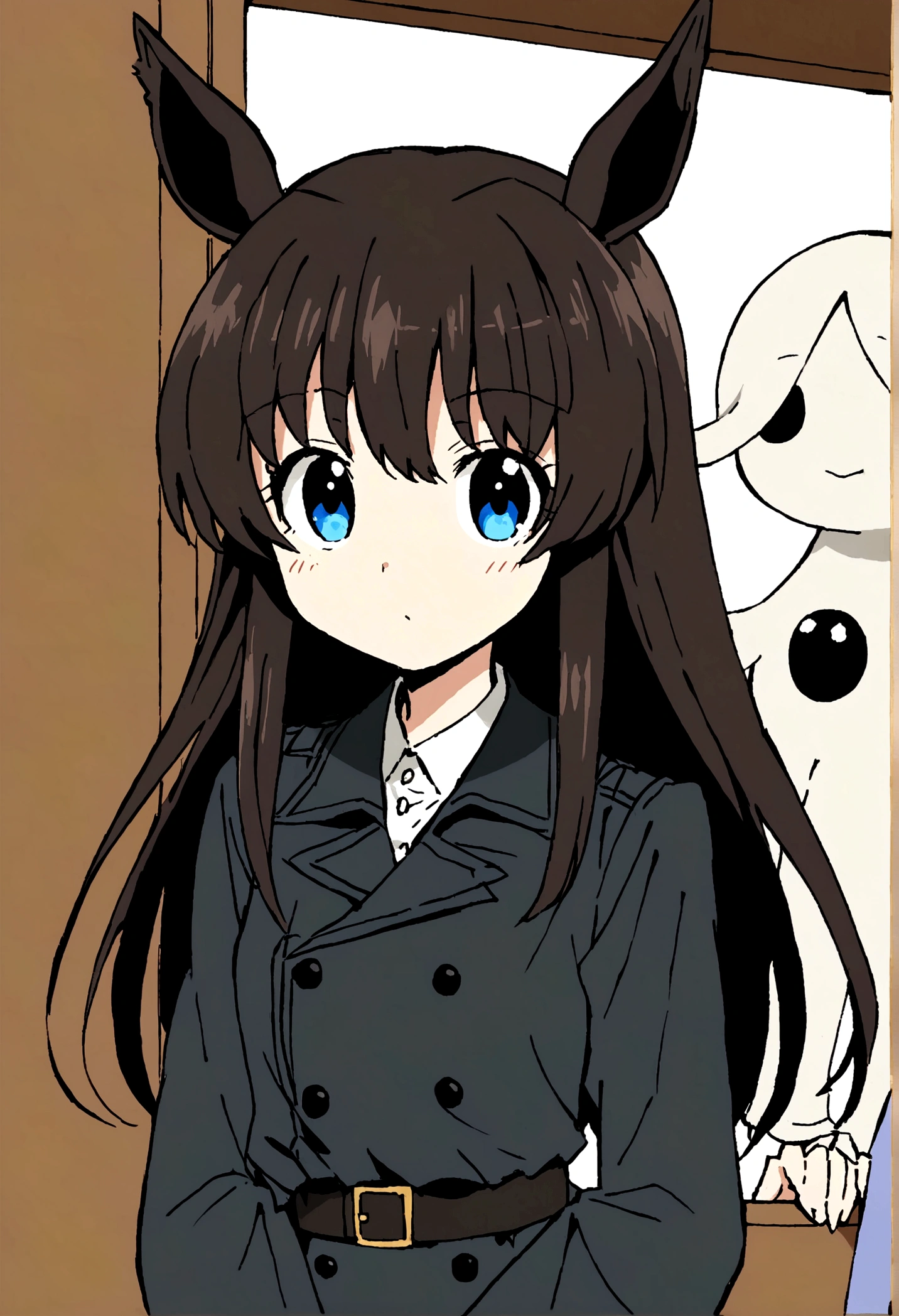 Anime girl with dark hair and blue eyes, Anime Moe Art Style, Gothic maiden anime girl, Gap Moe Yandere Grim Dark, Basic trench coat Ghostly eyes and dark hair, 1 7 - Year Old Anime Girl, ufotable's art style, by Hitoshi Homura, Fate-like anime style/Stay Night, Long Hair Anime Girl Light blue eyes Horse ears Horse Girl One person