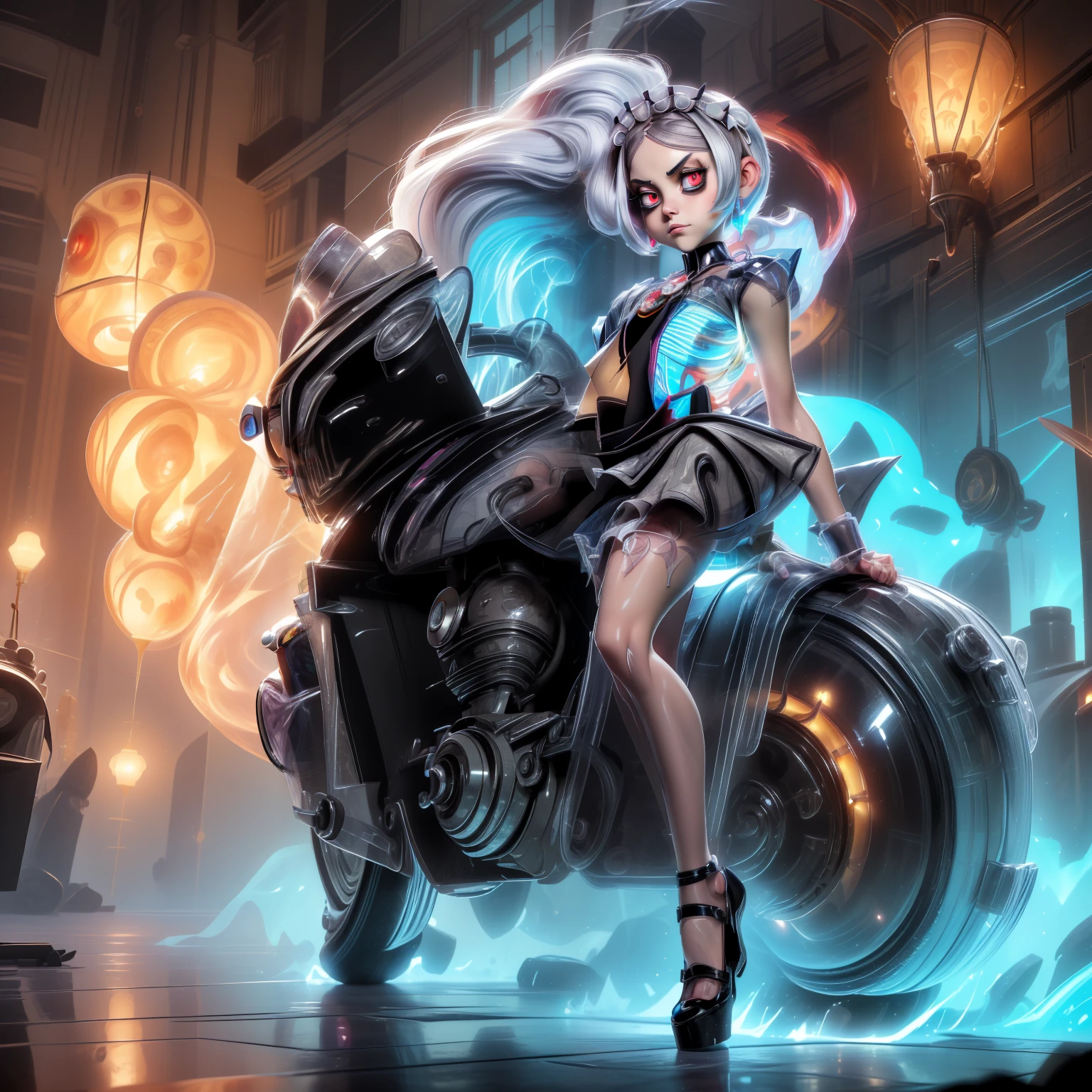 (masterpiece, best quality), marie from skullgirls, skullgirls, red pupils, blue flame on background, digital art, anime style, girl, white hair, maid outfit, serious expression, necklace with red gem , white long socks, fullbody, looking at viwer, beautiful girl, 2D anime drawing, chest, focus on chest, black heels, skeletons on background,