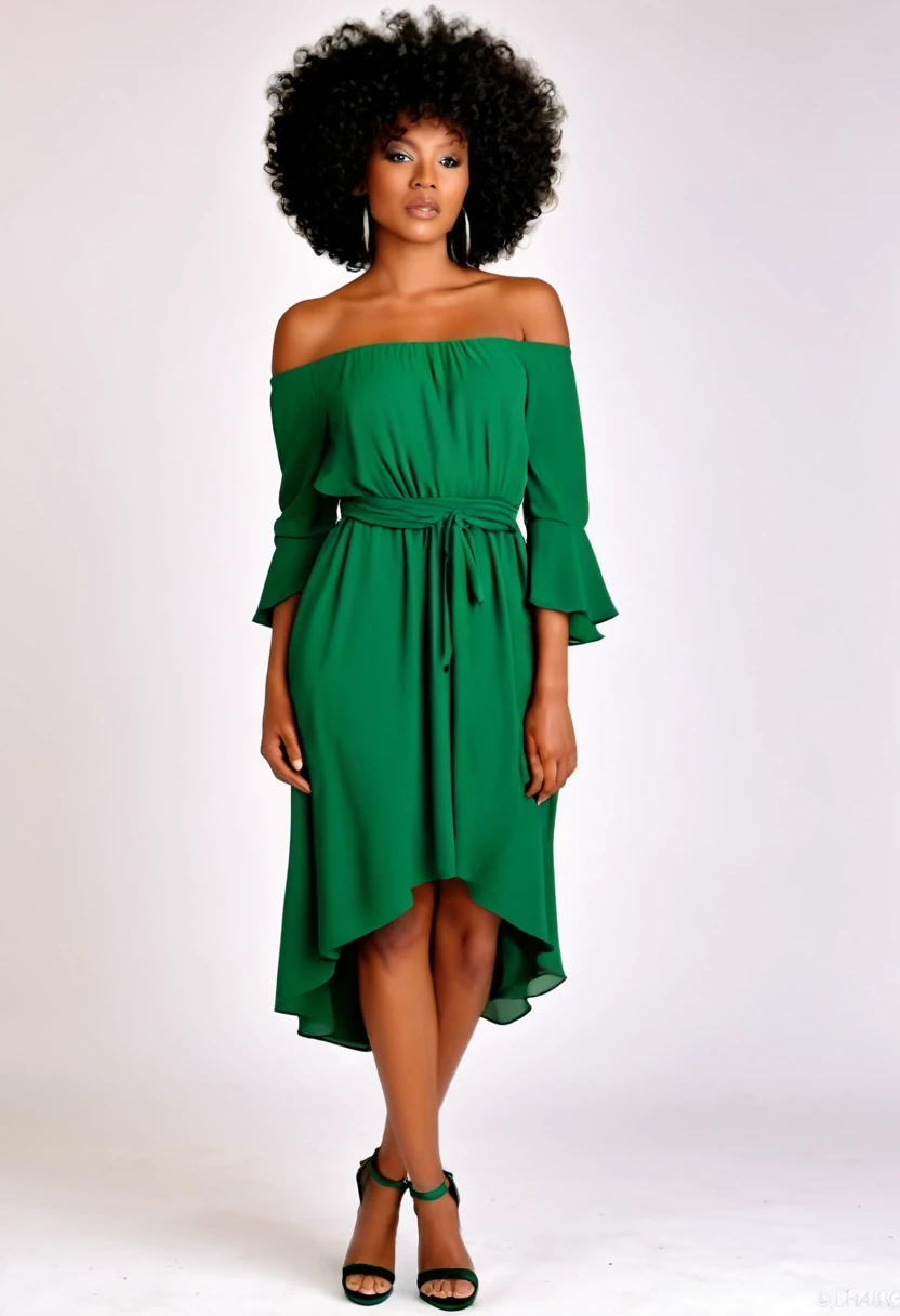 extremely beautiful natural skinned black woman wearing a gorgeous dark emerald green dress and beautiful sandals with curly afro hair, 4K, HD, photo-realistic