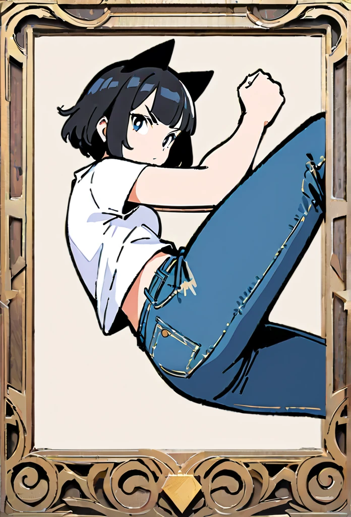 (Thick painting style),Thick line drawing, ((masterpiece,)),(((Highest quality))),sketch,((Adult women in their 20s)),Short black hair,Black cat ears,A plain white T-shirt,jeans,((Face from side,Character Portrait,Full Art,Dynamic pose,whole body)),flat chest