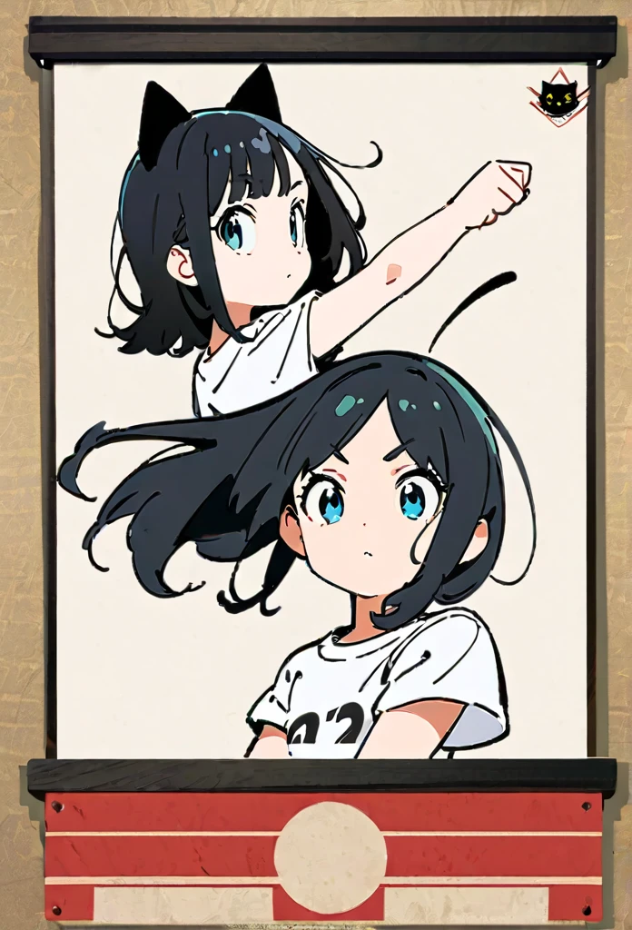 (Thick painting style),Thick line drawing, ((masterpiece,)),(((Highest quality))),sketch,((Adult women in their 20s)),Short black hair,Black cat ears,A plain white T-shirt,jeans,((Face from side,Character Portrait,Full Art,Dynamic pose,whole body)),flat chest