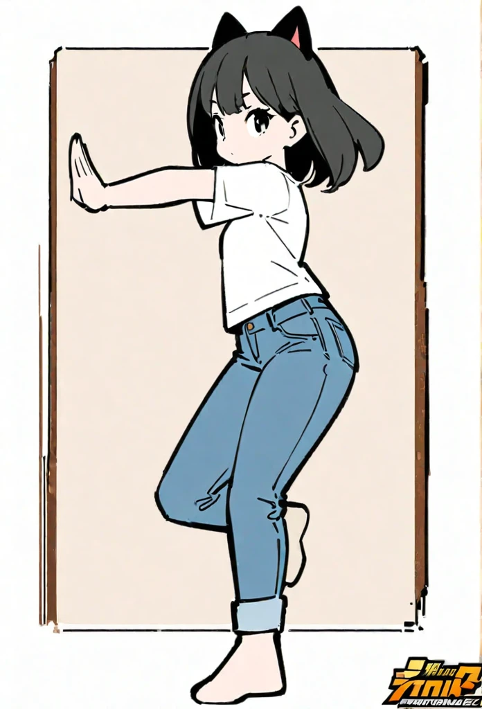 (Thick painting style),Thick line drawing, ((masterpiece,)),(((Highest quality))),sketch,((Adult women in their 20s)),Short black hair,Black cat ears,A plain white T-shirt,jeans,((Face from side,Character Portrait,Full Art,Dynamic pose,whole body)),flat chest