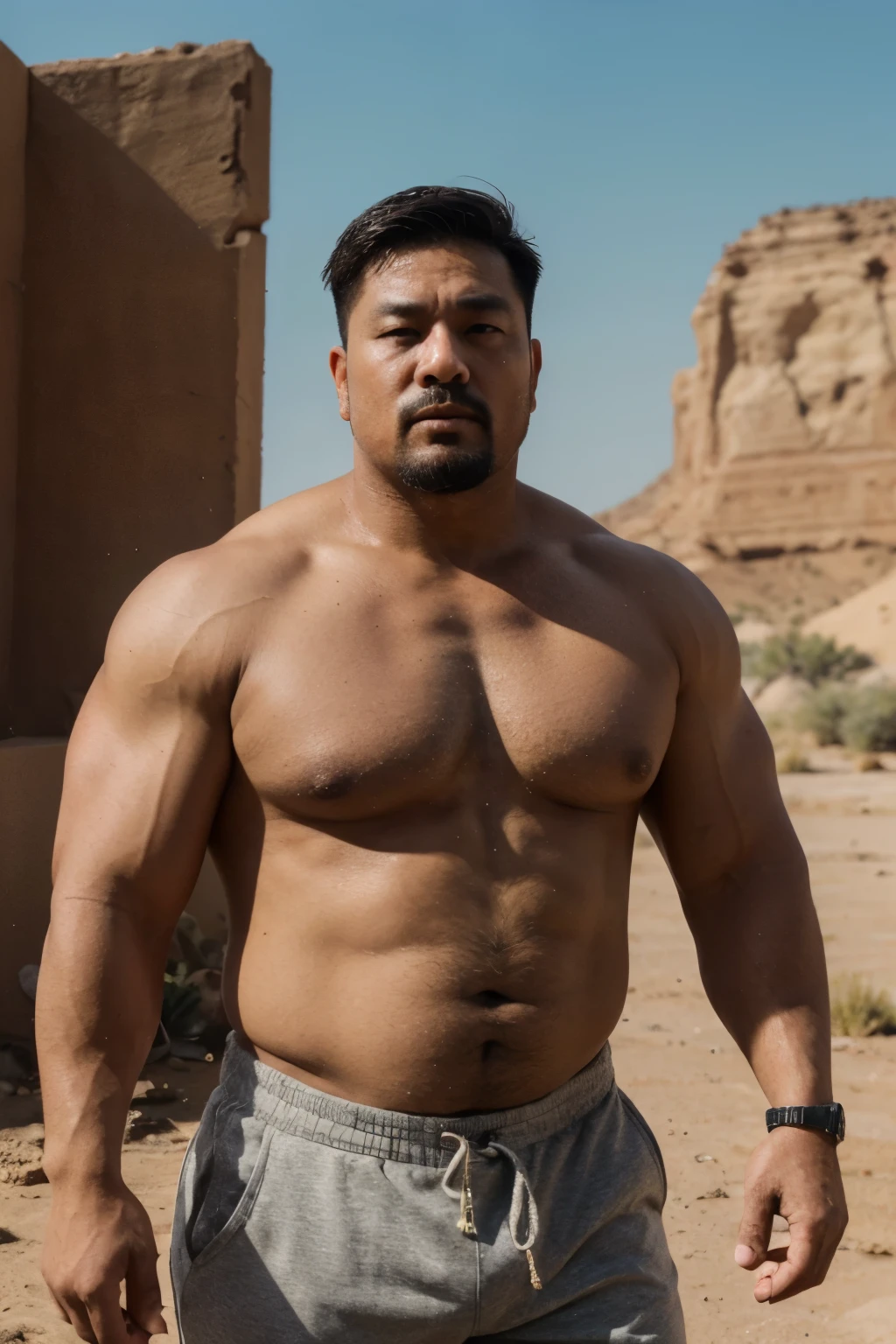 A wild plump chinese uncle man, (55 years old daddy:1.1), 1boy, Solo, handsome, small eyes, detailed eyes:1.1, big round face shape, (Detailed face:1.3), short hair, (Best quality, A high resolution), Masterpiece, in the desert, Intricate details, depth of field, full body shot, macho, sweat, manliness, short trunk, bear style, masculine, bulge, shirtless, tough man, real man, beefcake, muscular, jacked, hunk, thick body, stocky build, good light, workout, very sunny day, very hot day