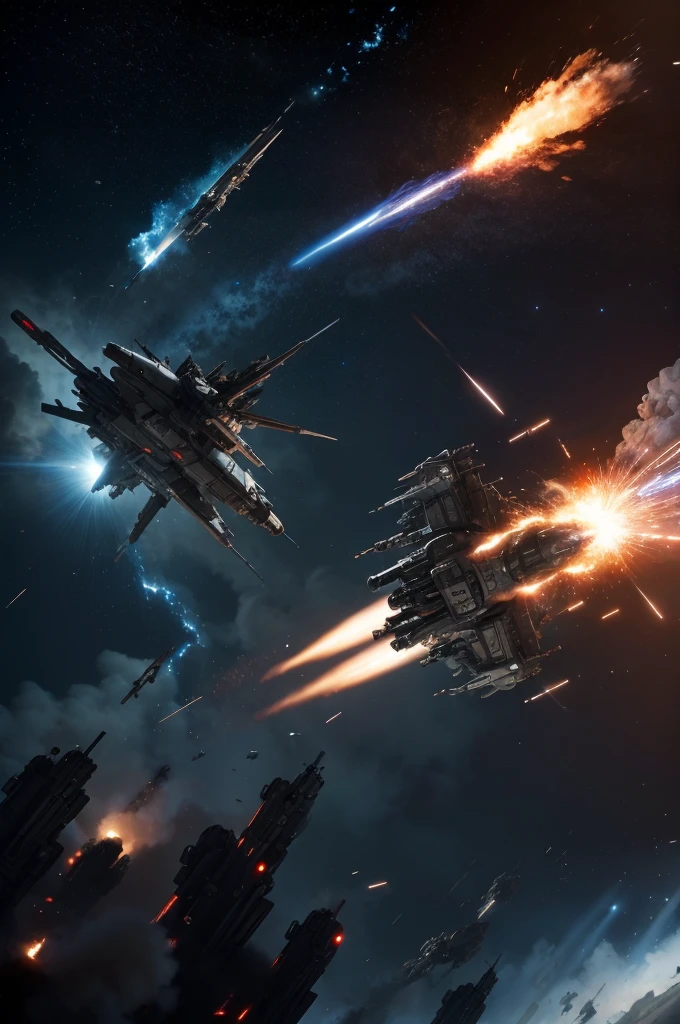 a space battleship being blown apart by weapon fire with explosions wreckage and fire, masterpiece, best, photo realistic, epic space battle scene