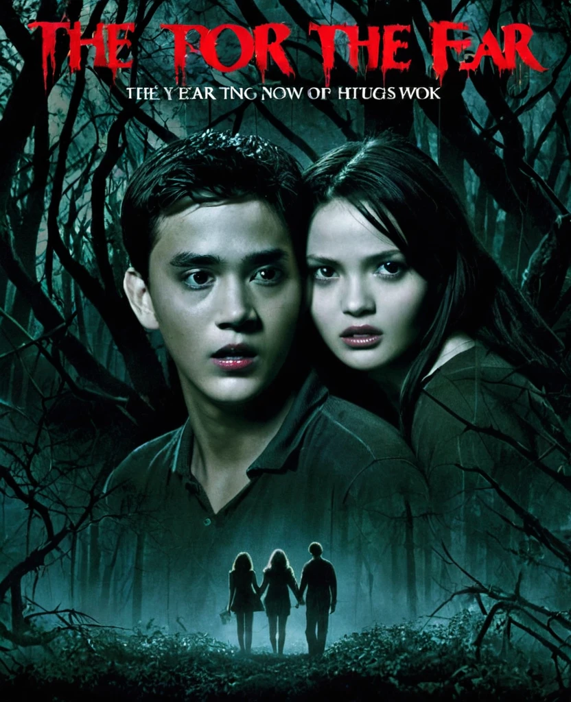 Create a poster with a 20-year-old couple surviving in the horror film. This film is from the 2000s. The poster has a predominant color of black, red and beige. the couple has a dark forest in the background and the couple hugs each other in fear looking back