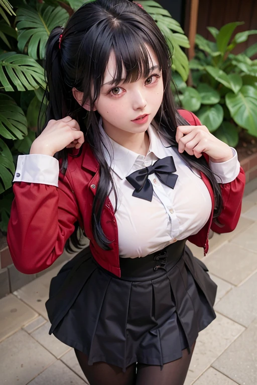 school girl was sprayed with water , school girl Was sprayed with water , jk school girl in tropical rainforest , steam , waistband of skirt is at the point above chest , Tight shirt , white Shirt , school girl , skirt under breasts , skirt is near breasts area , skirt is adjacent to the chest , jabami yumeko, black hair, long hair, blunt bangs , red jacket, shirt, black skirt , big breasts , pikkyyumeko pikkyyumeko, 1girl, solo, looking at viewer, black hair, bangs, blunt bangs, long hair, very long hair, hime cut, red eyes, glowing eyes, breasts, large breasts, , shirt, red jacket, jacket, white shirt, collared shirt, lips, blazer, black pantyhose, mary janes,  full body , red knot , red bow , twin tails hair