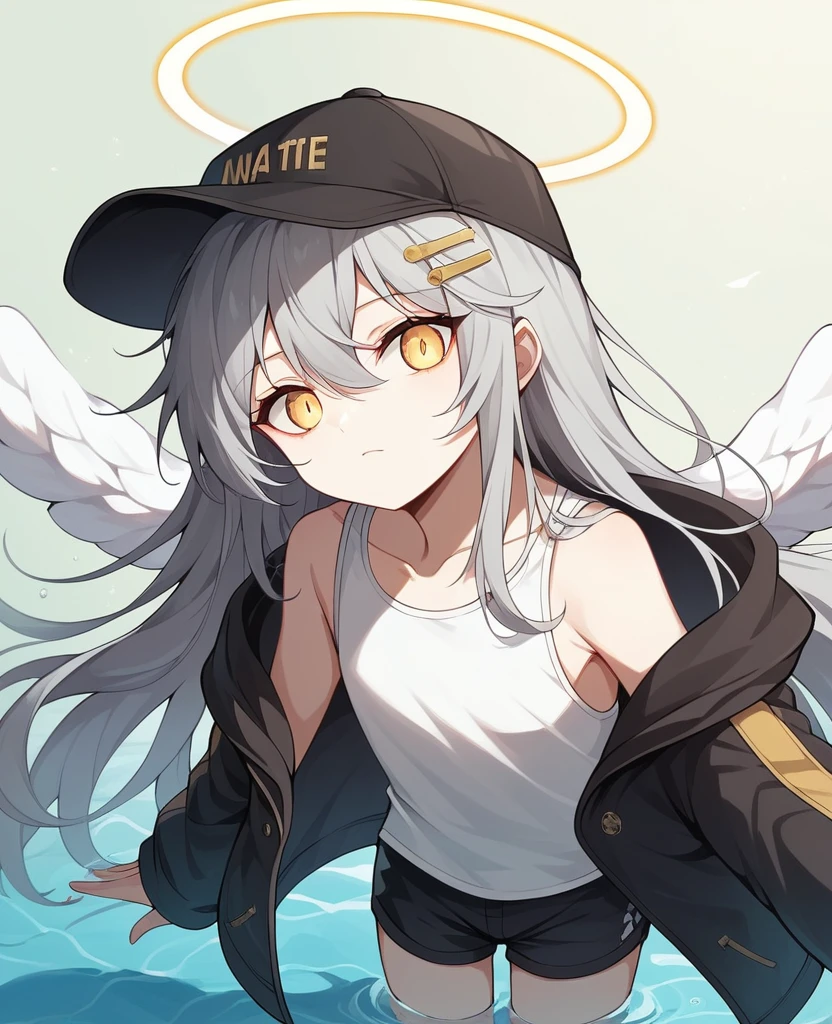 , masterpiece, Highest quality, Very detailed, CG, 8k wallpaper, Pretty face, Delicate eyes, country々, alone, 白いLong Hair, Yellow Eyes, hairpin, hairpin, White shirt, black hooded jacket, Black shorts,Black baseball cap,Black Stockings, Indoor swimming pool,NSFW,(masterpiece, Highest quality:1.3), (Super detailed:1.3), One girl, alone, (Gray Hair, Messy Hair, Long Hair), (Angel Wings, Angel Halo), Flat Chest, Yellow Eyes,Dynamic Angle,Dynamic Angle,Character portrait,Possess a lever action shotgun,