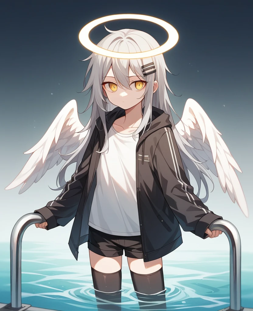 , masterpiece, Highest quality, Very detailed, CG, 8k wallpaper, Pretty face, Delicate eyes, country々, alone, 白いLong Hair, Yellow Eyes, hairpin, hairpin, White shirt, black hooded jacket, Black shorts,Black baseball cap,Black Stockings, Indoor swimming pool,NSFW,(masterpiece, Highest quality:1.3), (Super detailed:1.3), One girl, alone, (Gray Hair, Messy Hair, Long Hair), (Angel Wings, Angel Halo), Flat Chest, Yellow Eyes,Dynamic Angle,Dynamic Angle,Character portrait,Possess a lever action shotgun,
