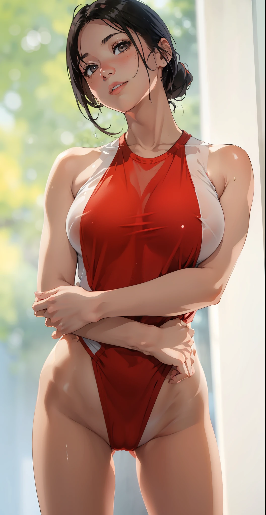 girl, Sweat, Mid-chest, shy, Detailed hands, View your viewers, Release your lips, Dynamic Shadows, Transparent clothes, smile