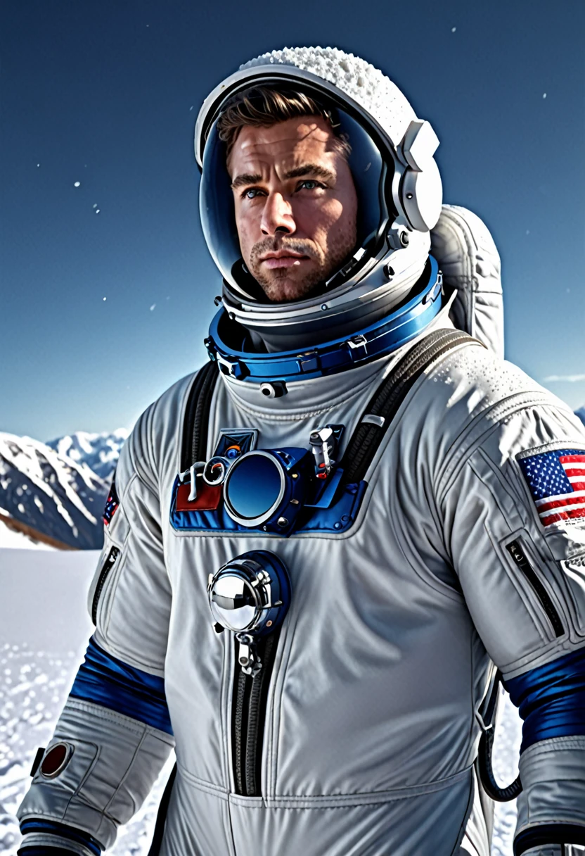 a man in a astronaut suit, standing in snow, photorealistic, highly detailed, (best quality,4k,8k,highres,masterpiece:1.2),ultra-detailed,(realistic,photorealistic,photo-realistic:1.37),HDR,UHD,studio lighting,extremely detailed face and eyes,beautiful detailed eyes,beautiful detailed lips,extremely detailed facial features,longeyelashes,muscular build,serious expression,snow covered landscape,snowflakes falling,dramatic lighting,cinematic composition