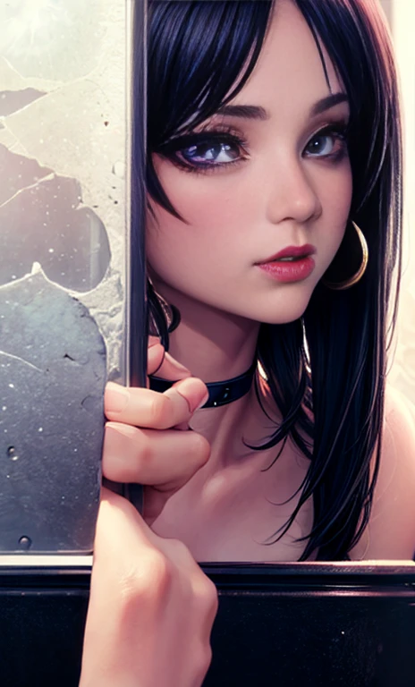 Depth of bounds written, detailed eye, ((CG illustration)), ((face focus)), ((masterpiece)), ((8K)), ((super detailed)), ((Super high quality)), ((cinematic)), ((Photoreal)), ((close up shot)), (solo), (cool girl), very long hair, straight hair, (((thin body))), Glossy skin, ((look away)), (Beautiful goth girl with high cheeks and legs), Gothic makeup, clear eyes, lipstick, dark eye shadow, ((No bra)), choker, earrings, provoke, night, ((full moon)), ((Functional)), Lonely, Visual kei, ((pastel colour)), Unwound clothes, forget, kiss, White Knight, dark, silence