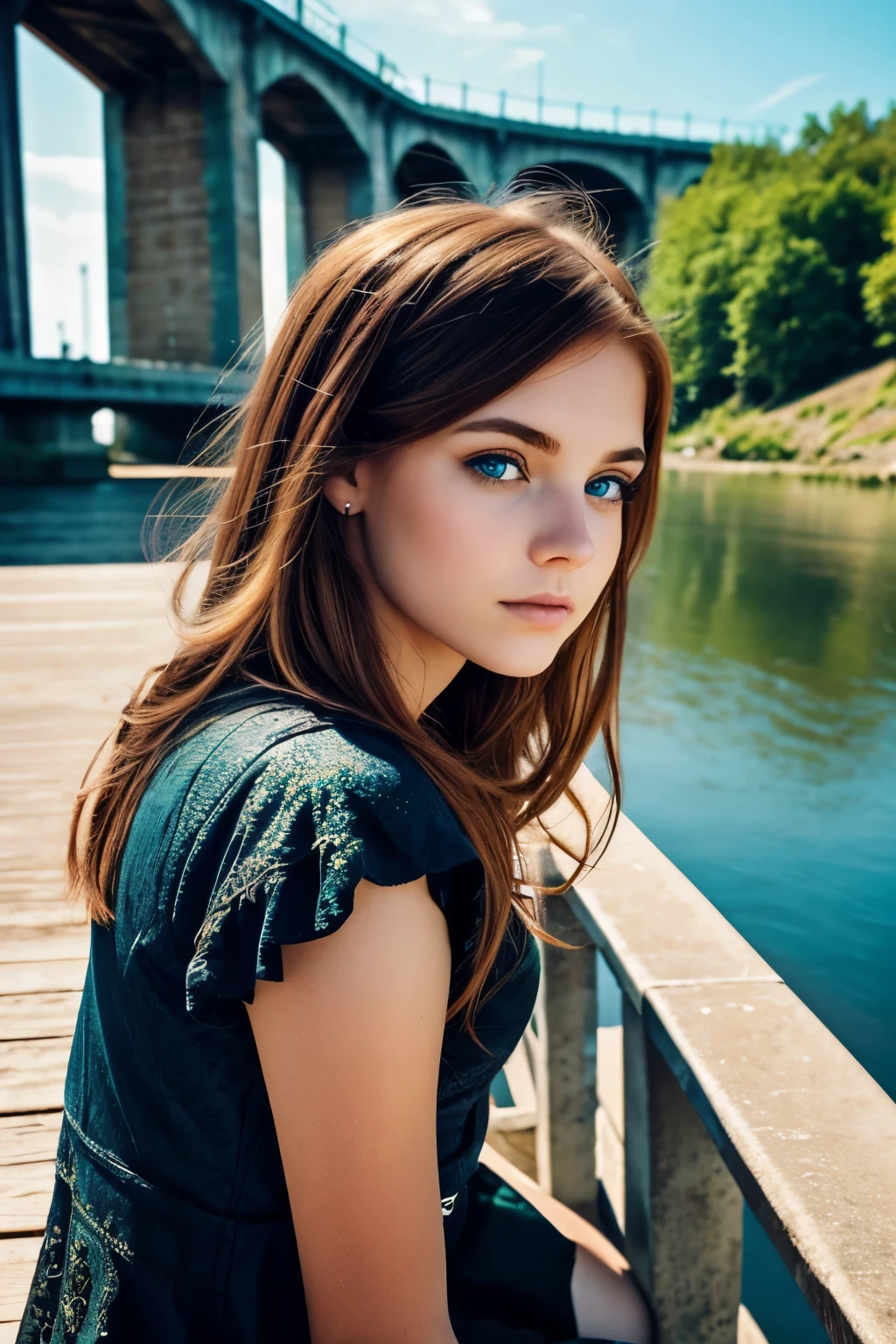 Hyper-detailed, realistic, pretty, 17 year old white girl with caramel and auburn hair in a cute princess style cut and turquoise eyes, wearing grungy goth punk style clothes and simple jewelry, sitting on a bridge in bright daylight while staring off thoughtfully over the water. Use a 'Close-up Details' filter to focus on intricate elements, revealing the beauty in small things